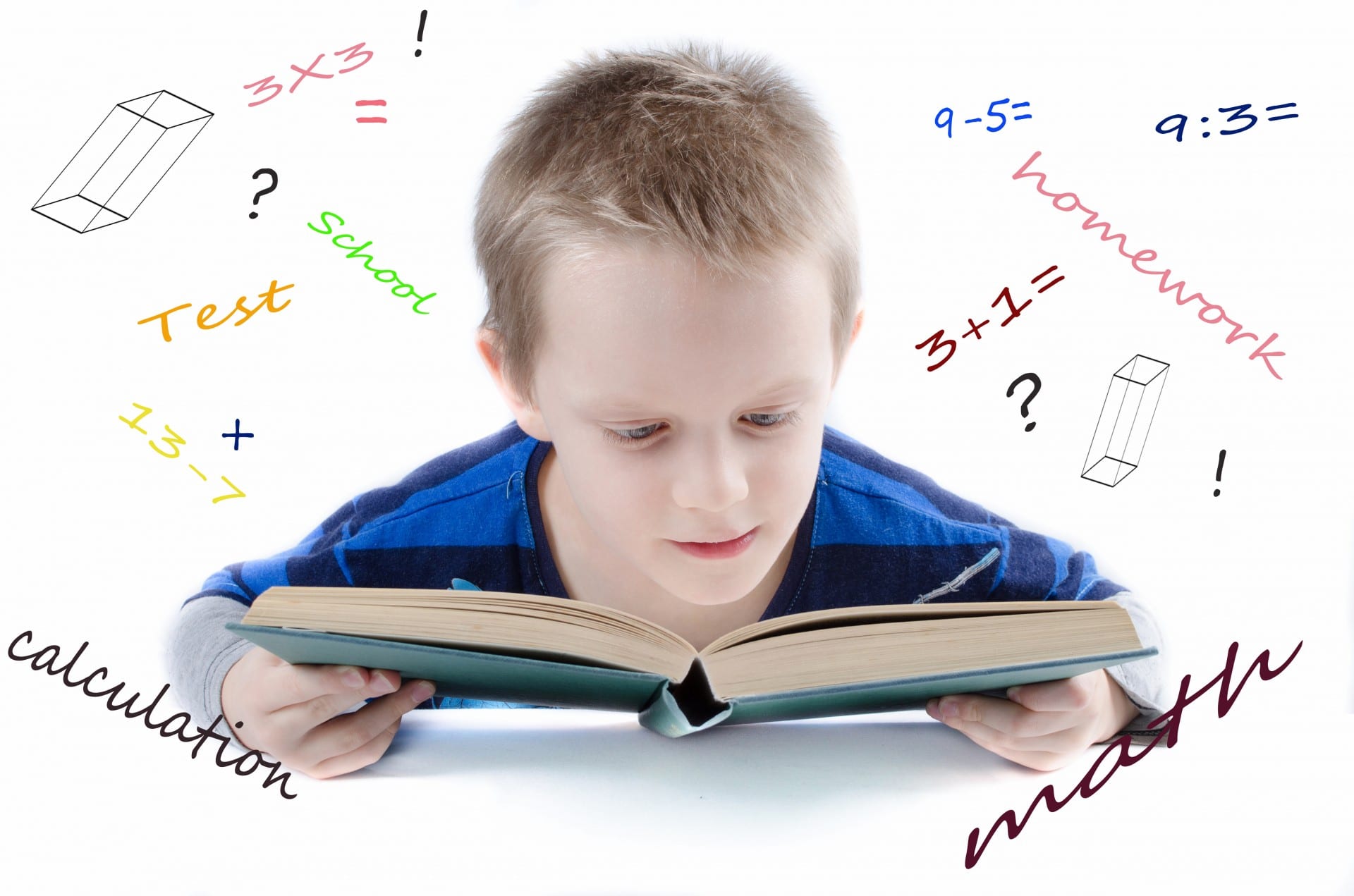 Developmental process of boy looking at school book